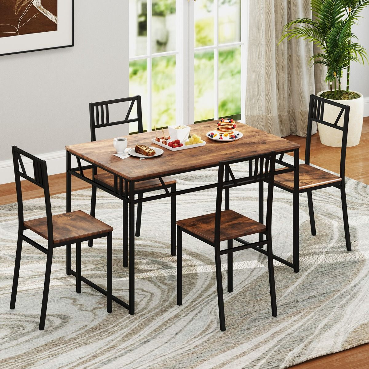 Stylish Industrial Kitchen Table Set with 4 Chairs - Wood-Look Top & Sturdy Metal Frame