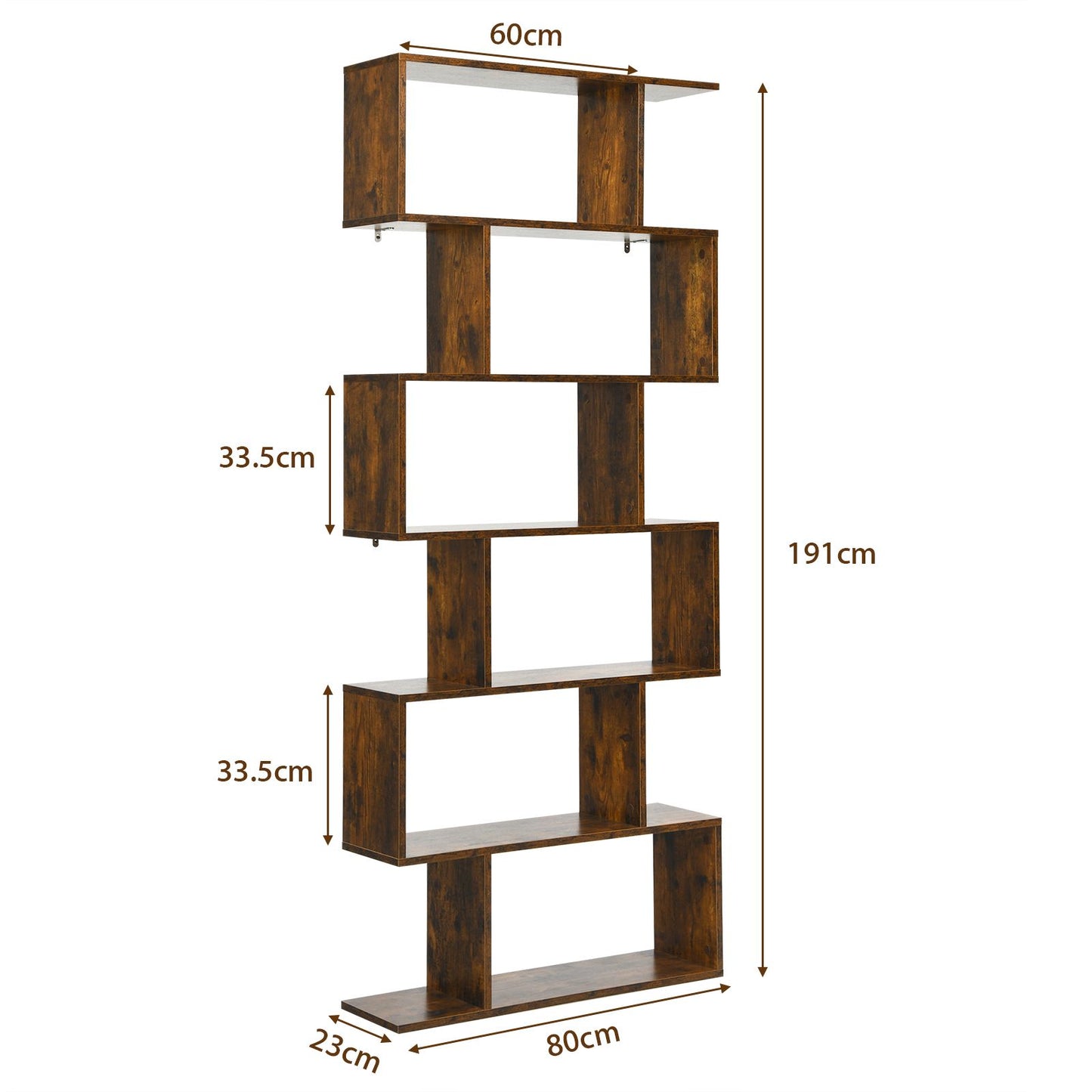 Stylish 6-Tier S-Shaped Wooden Industrial Bookshelf - Perfect for Home or Office Decor