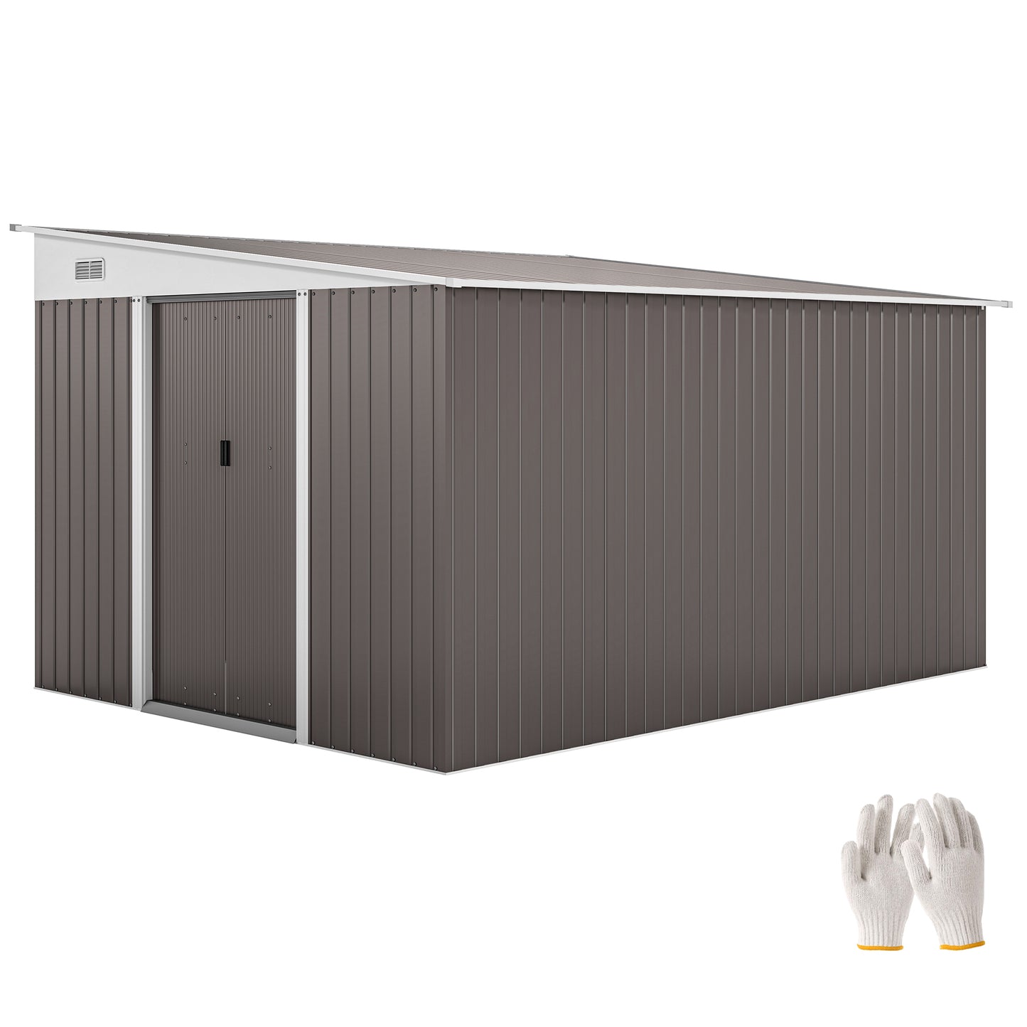 Outdoor 11.3x9.2ft Steel Garden Shed with Double Doors & Vents – Grey