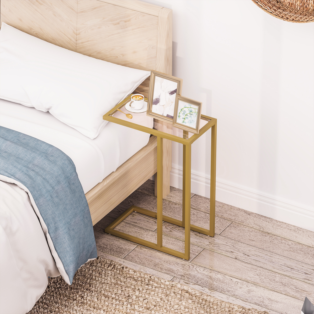 Elegant C-Shaped Glass Side Table - Stylish Gold Steel Frame