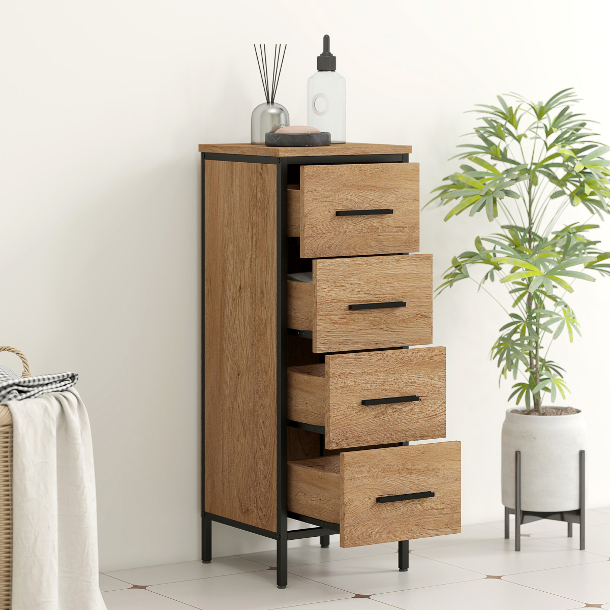 Slim Oak Bathroom Storage Cabinet with 4 Drawers – Space-Saving Solution!