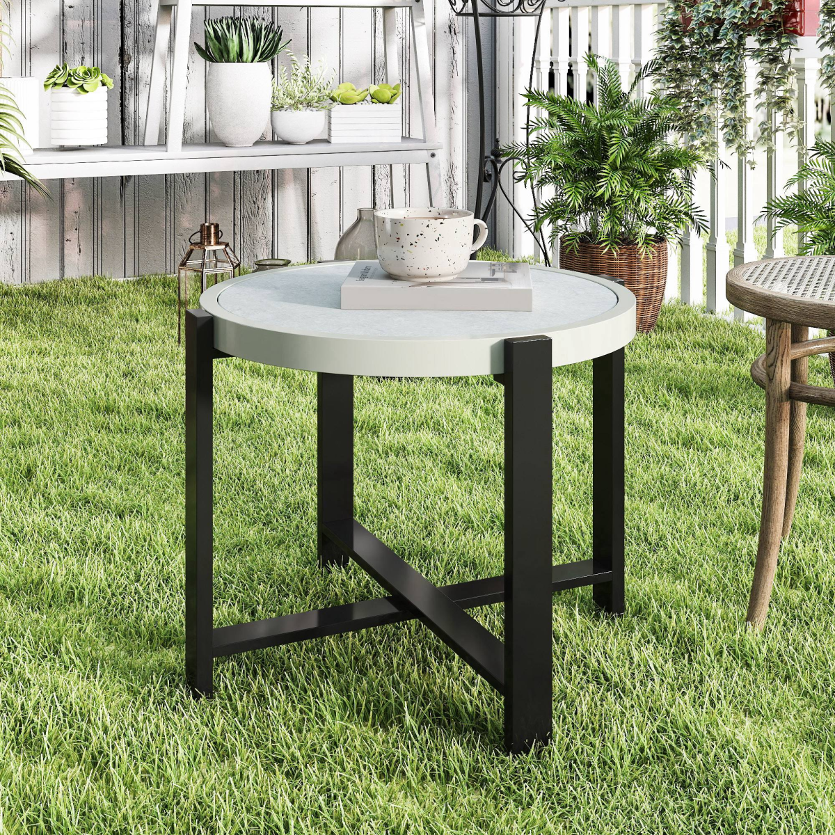 Chic Faux Marble Garden End Table - Modern Light Grey Design