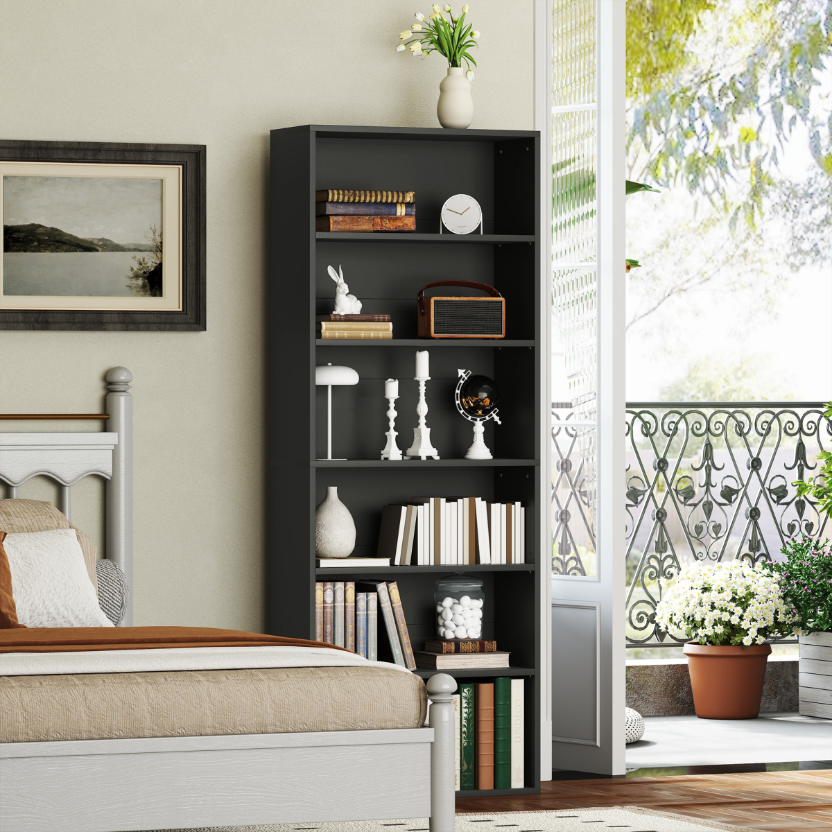 Modern 6-Tier Adjustable Bookshelf - Stylish Freestanding Bookcase, Black