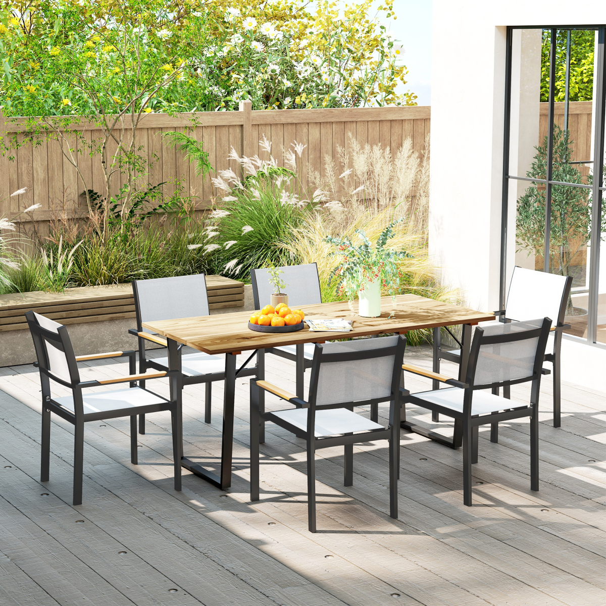 6-Person Wooden Garden Table with Parasol Hole for Outdoor Dining