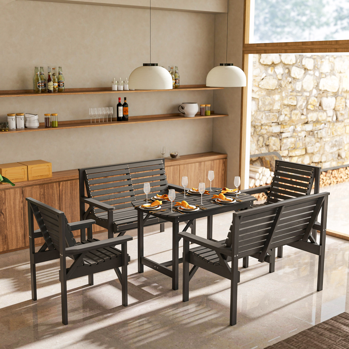 5-Piece Wooden Patio Dining Set with Umbrella Hole - Grey Elegance