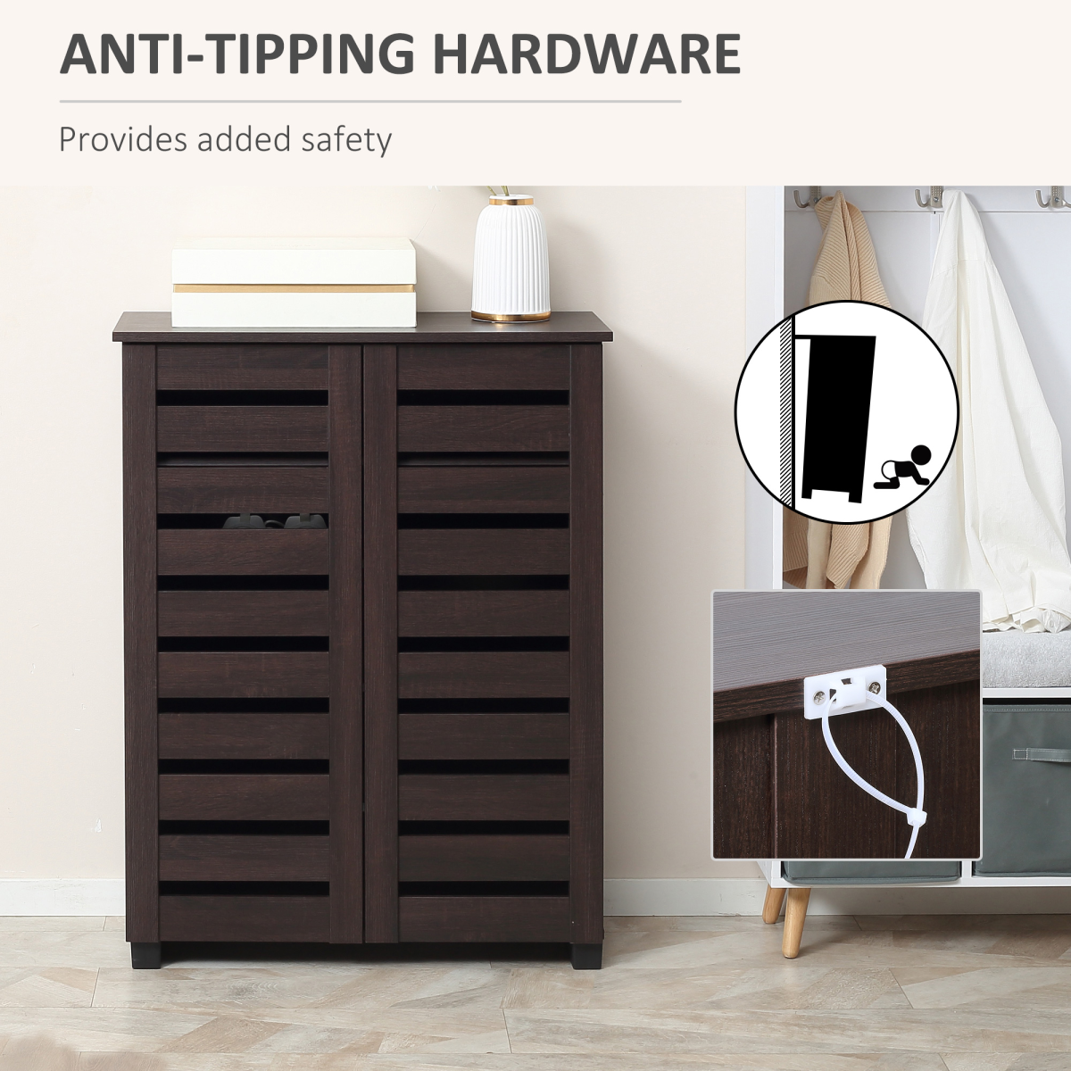 Elegant Shoe Cabinet - 15-Pair Capacity with Adjustable Shelves & Slatted Doors