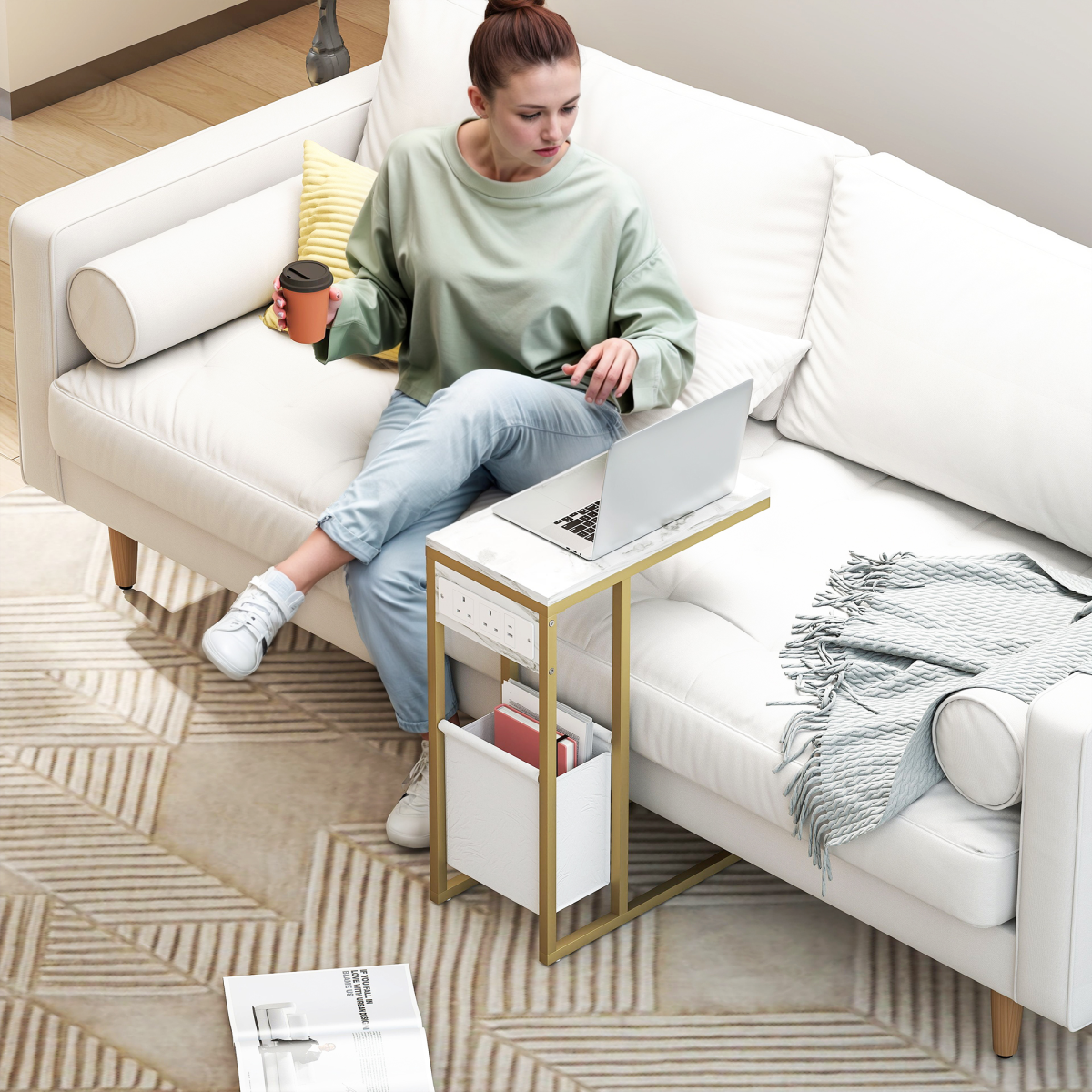 Modern C-Shaped Faux Marble Side Table with Charging Station & Chic Storage