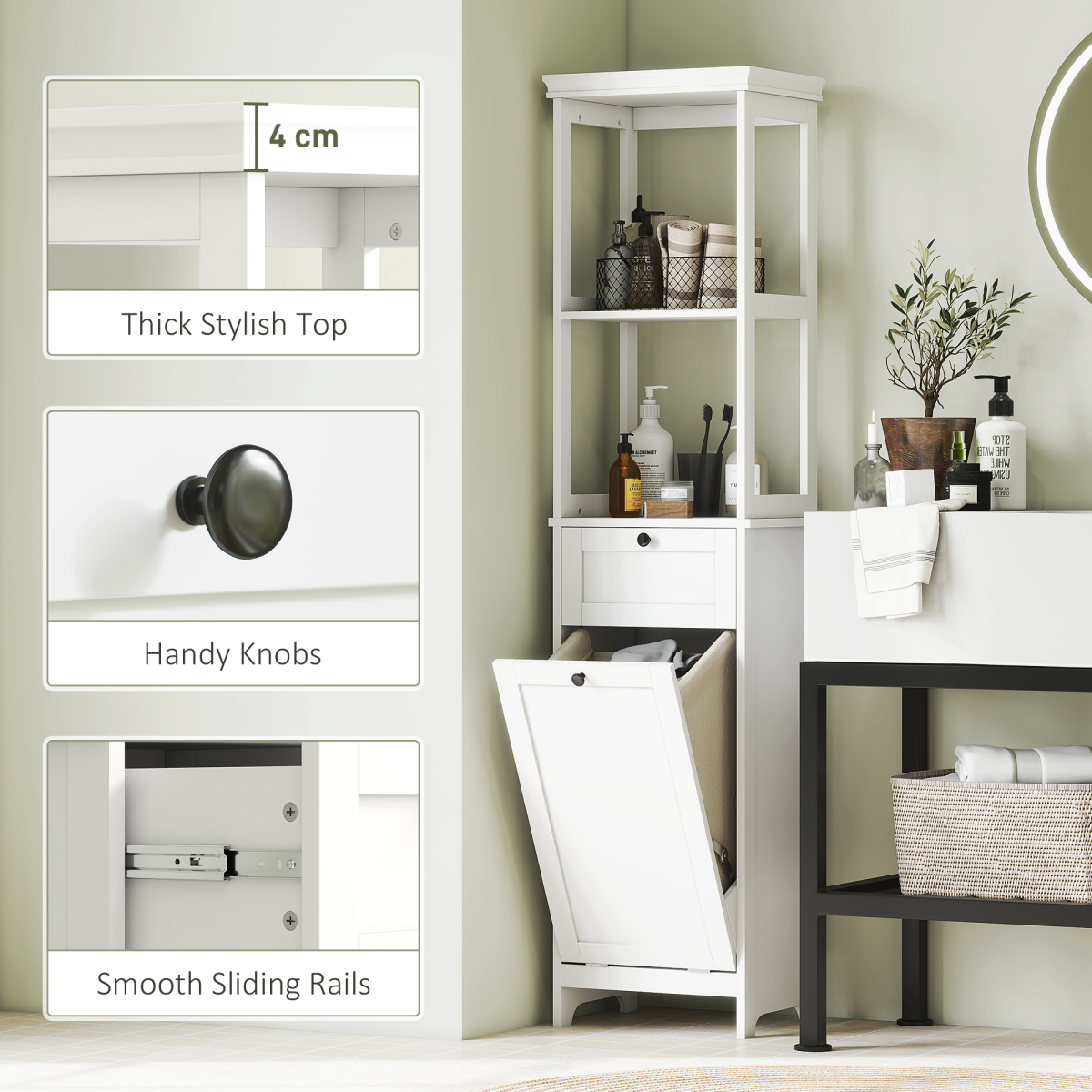 Slim Bathroom Storage: Stylish Unit with Tilt-Out Laundry Drawer