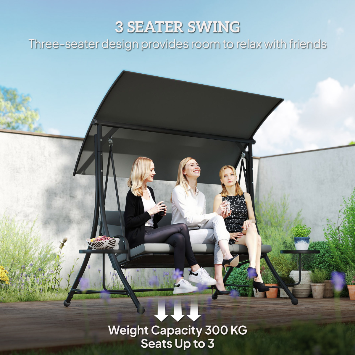 3-Seater Patio Swing Chair with Adjustable Canopy & Glass Tables