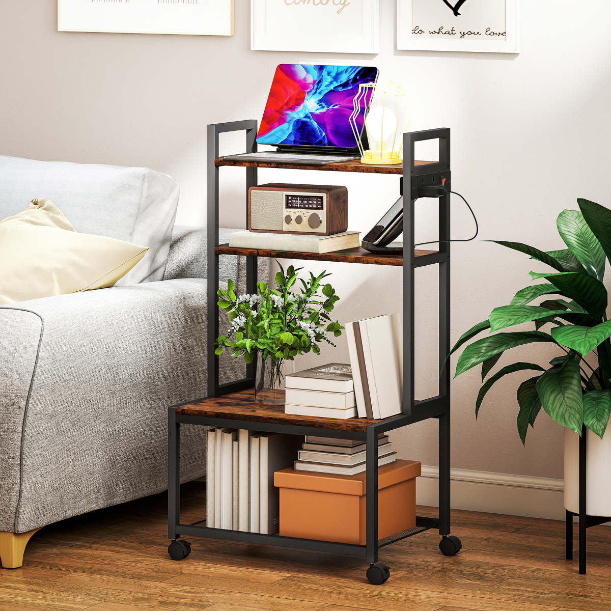 4-Tier Mobile Printer Stand with Outlets & Casters for Home Office