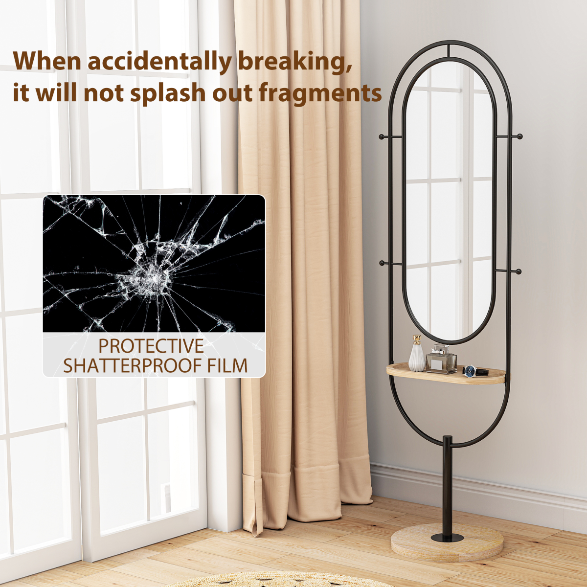 Elegant Freestanding Full Length Mirror with Tray & Hooks - Black