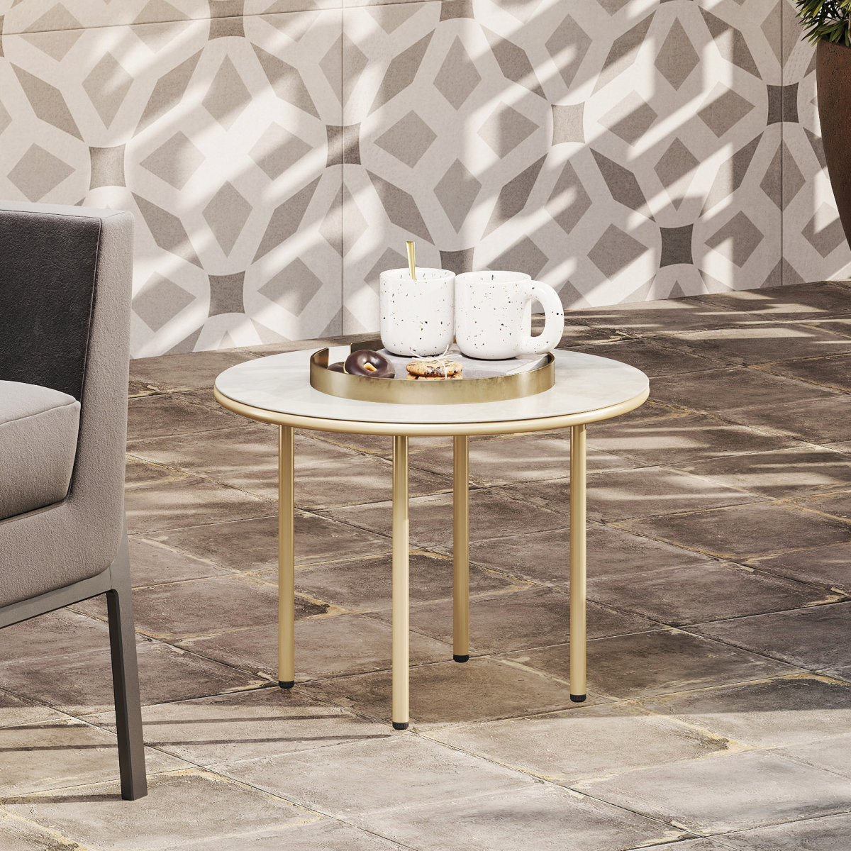 Chic Round Table with Elegant Faux Marble Glass Top - Beige