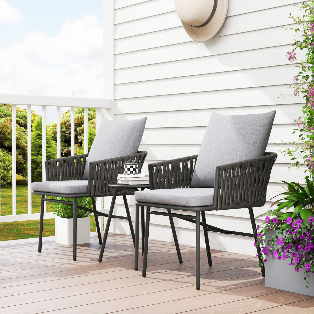 5-Piece Rattan Bistro Set - Stylish Outdoor Table & Cushions in Grey