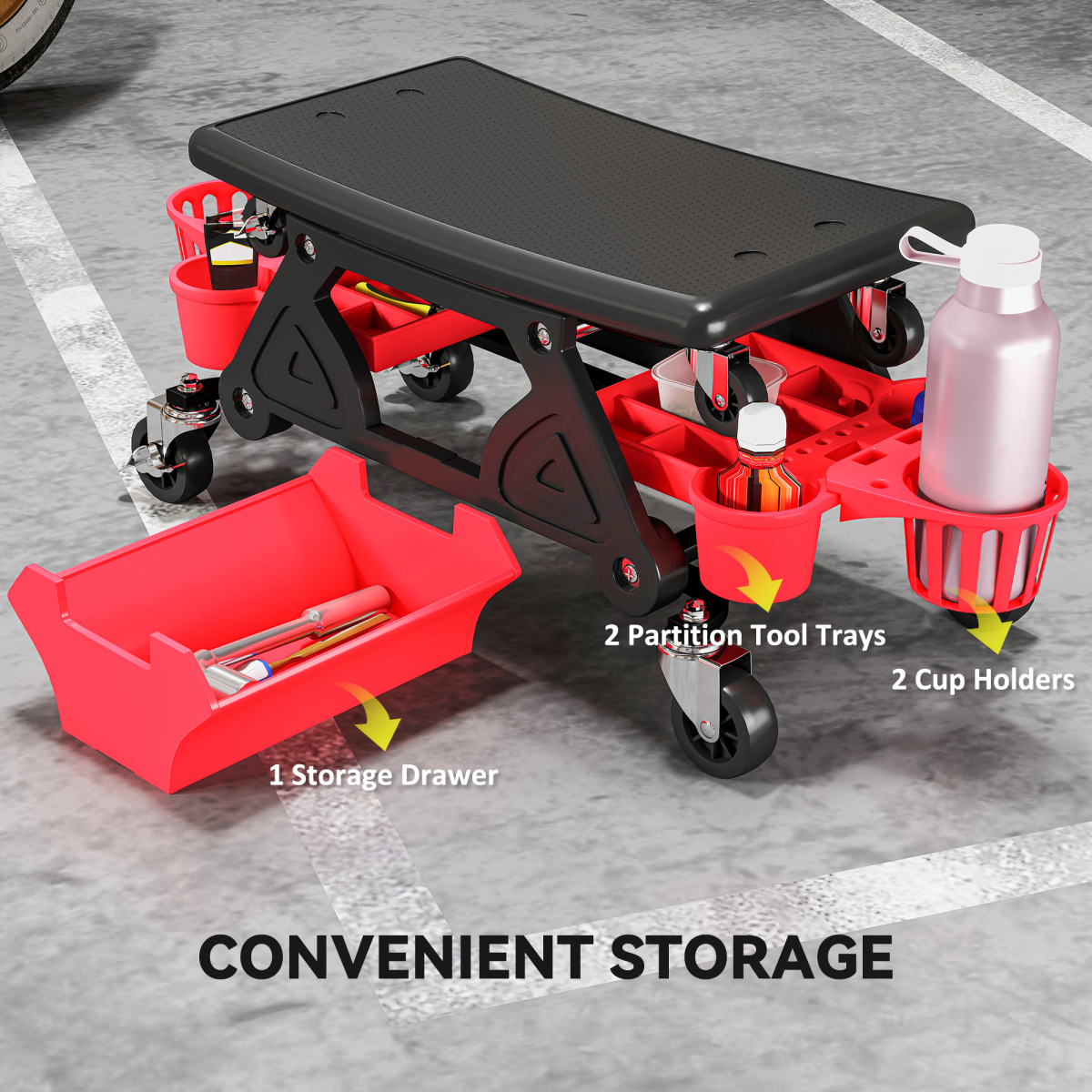 Heavy-Duty Rolling Mechanic Stool with Storage - 135kg, Red