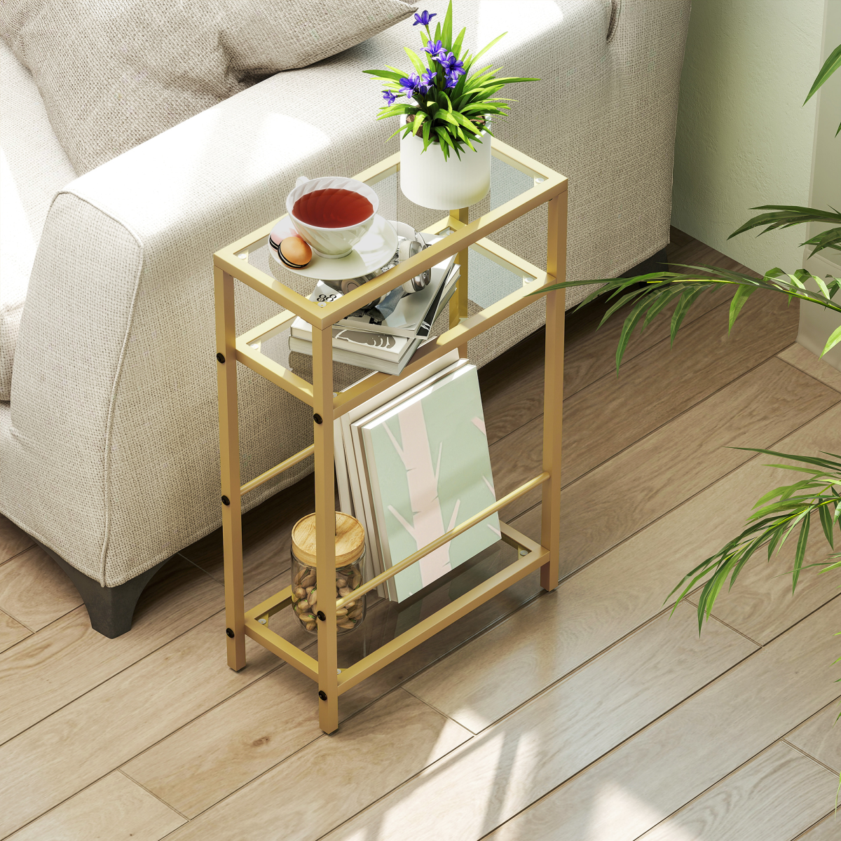 Gold Slim Side Table - Chic Tempered Glass & Stylish Steel Frame