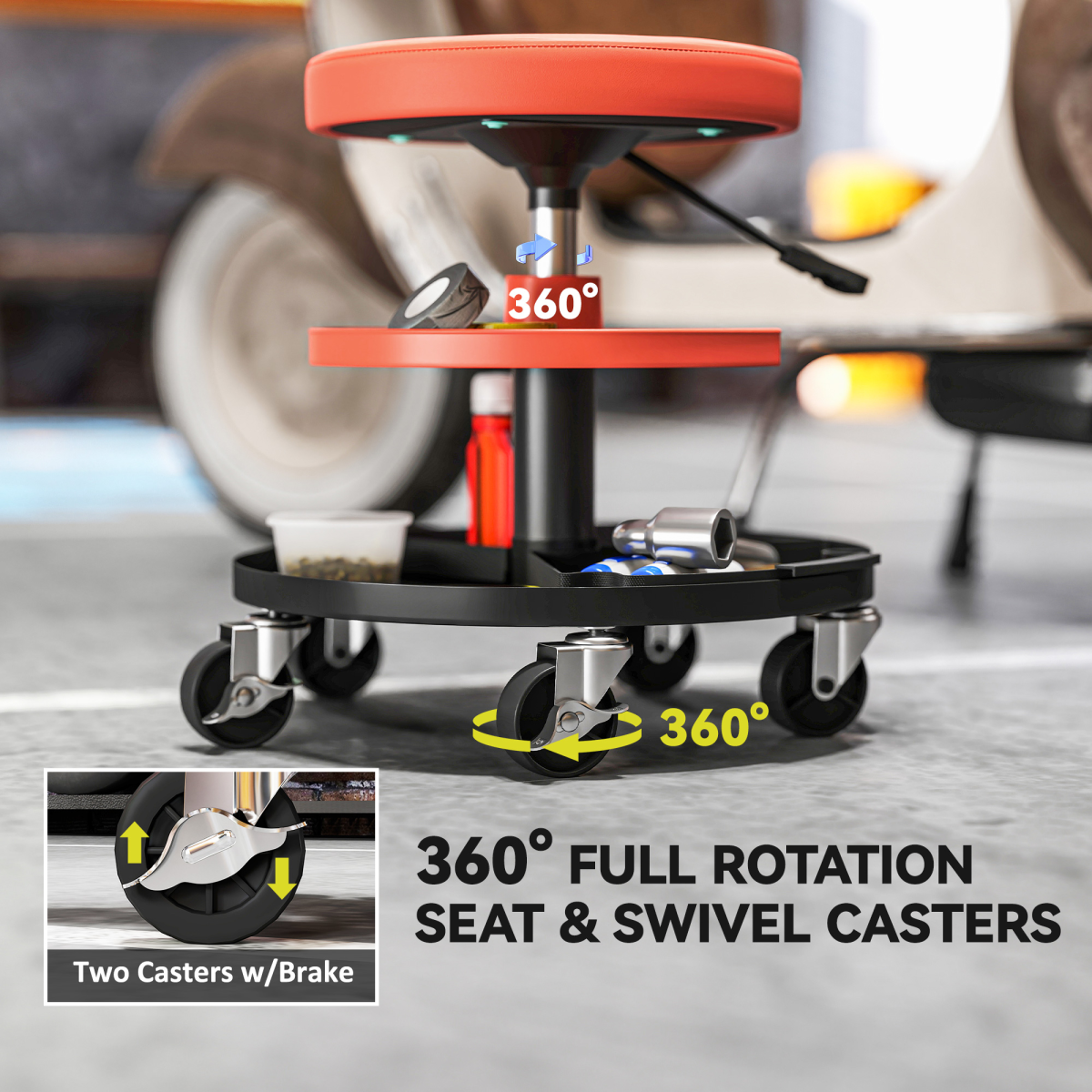 Adjustable height stool with swivel casters and 360-degree rotation feature on a blurred background.