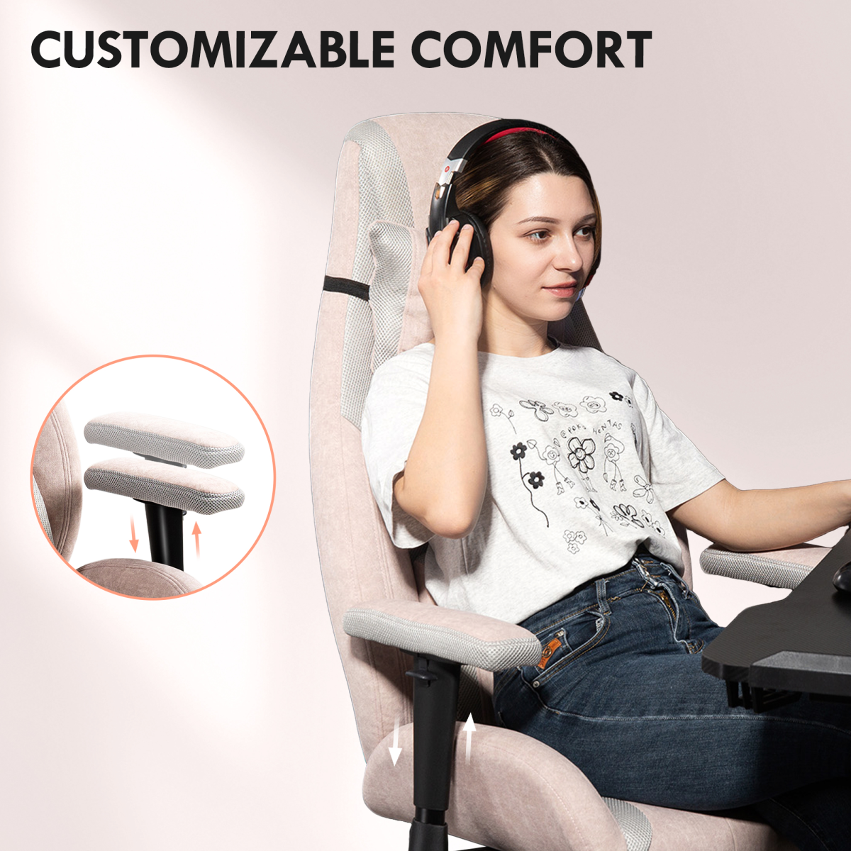 Curved Pink Gaming Chair with Lumbar Support & Swivel Wheels