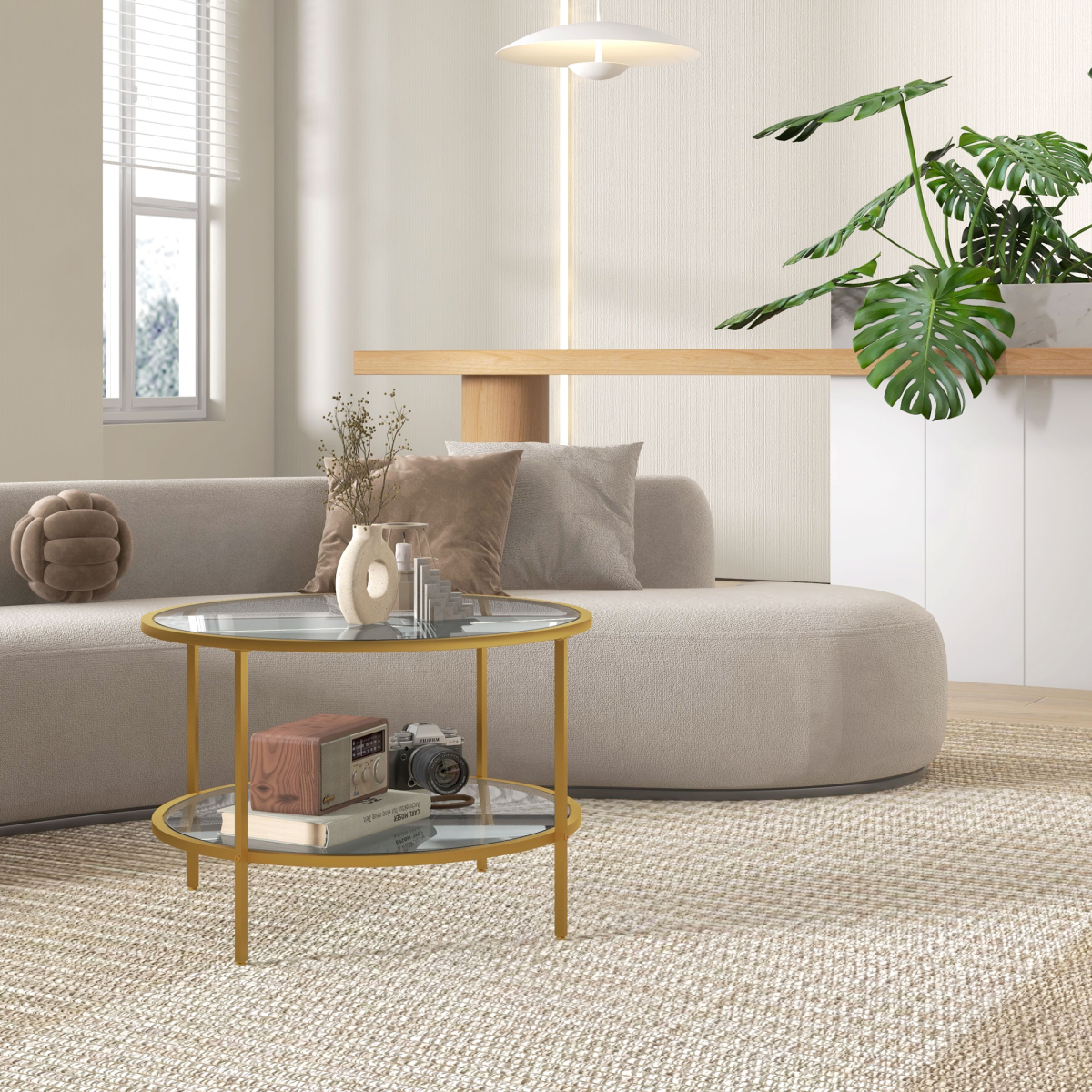 Elegant Gold Round Coffee Table with Storage Shelf & Sleek Glass Top