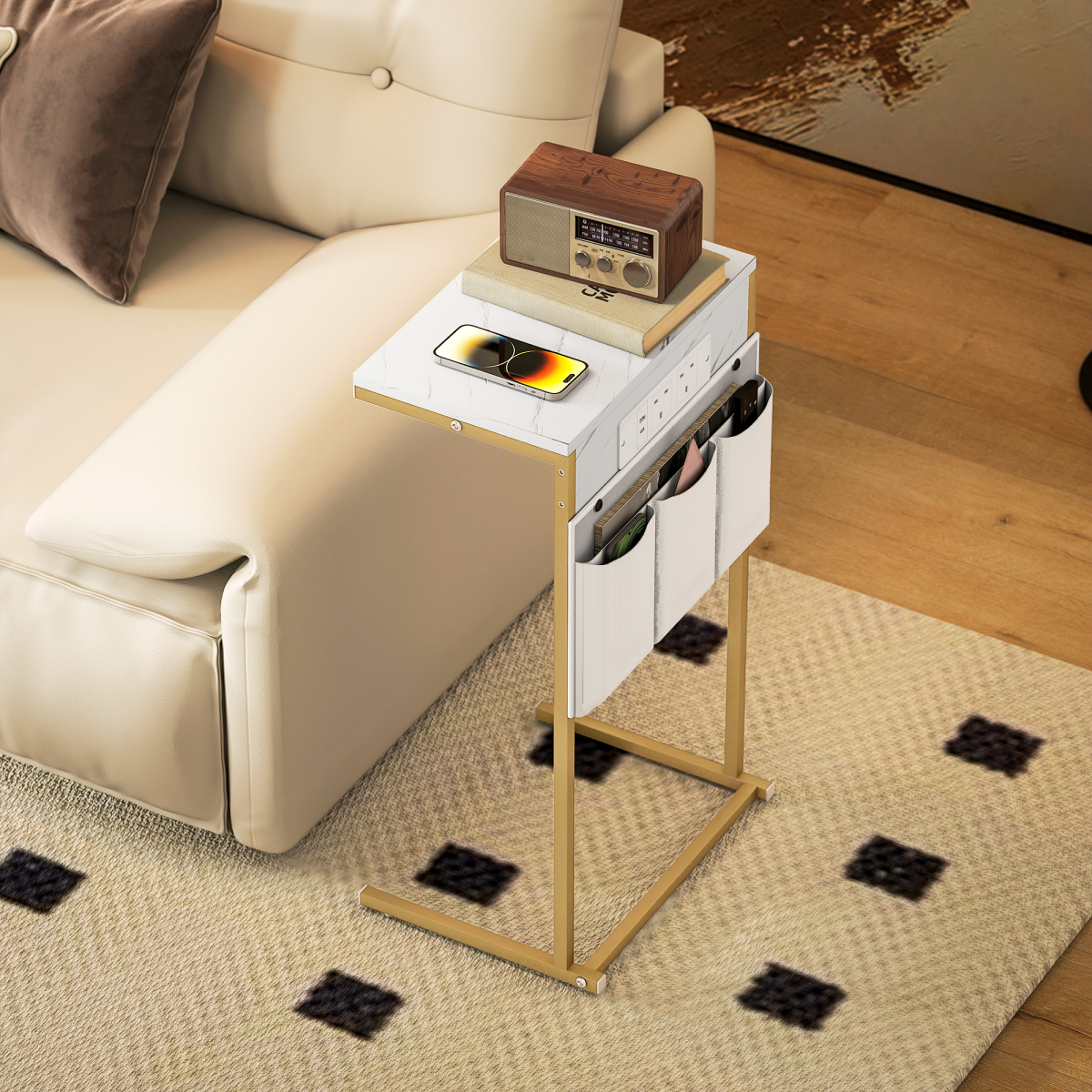 C-Shaped Side Table & Charging Station: Modern Marble Design & Storage