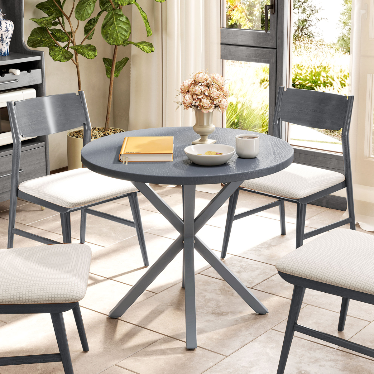 Round Garden Dining Table - Stylish Steel Frame & Wood-Effect Top