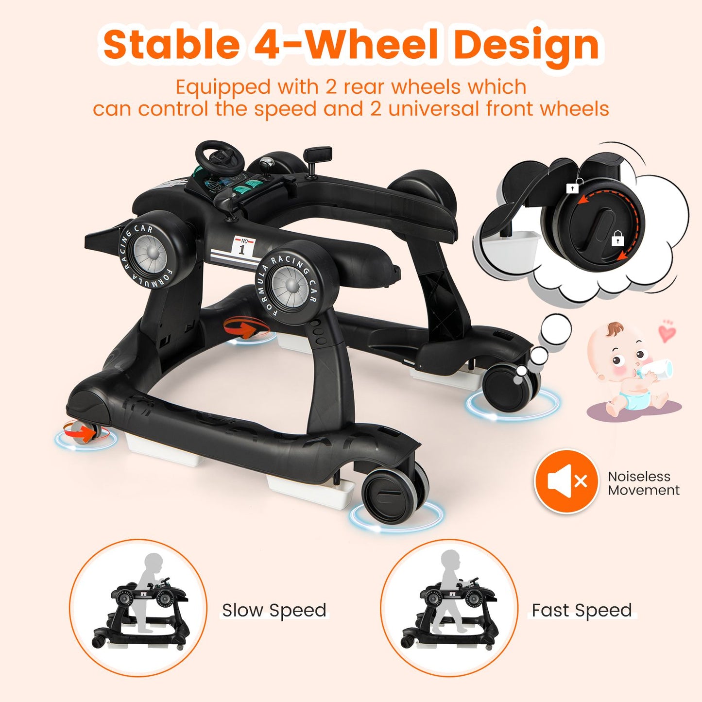 Versatile 4-In-1 Baby Push Walker - Adjustable Height & Speed for Growing Toddlers