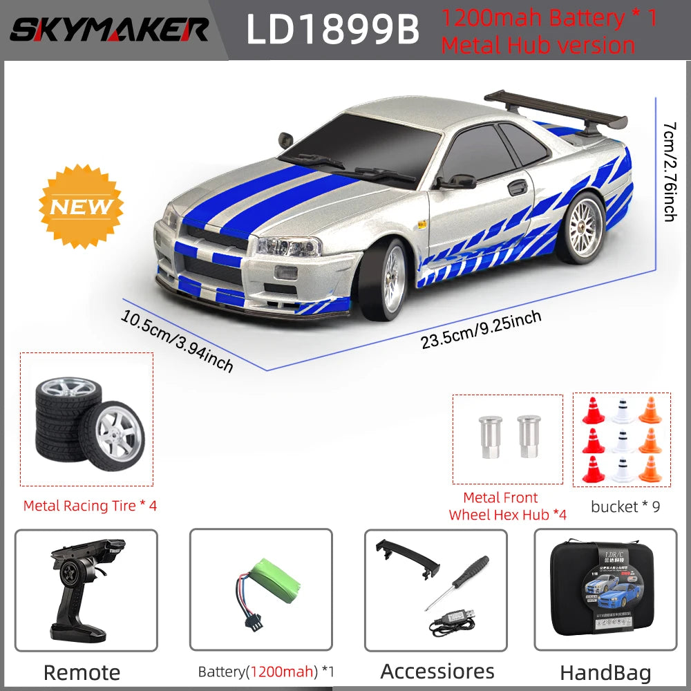 LD1899 1/18 Scale GTR R34 RC Drifting Car - High-Speed Alloy Body with Gyroscope & 2.4GHz RWD Remote Control Racing Vehicle