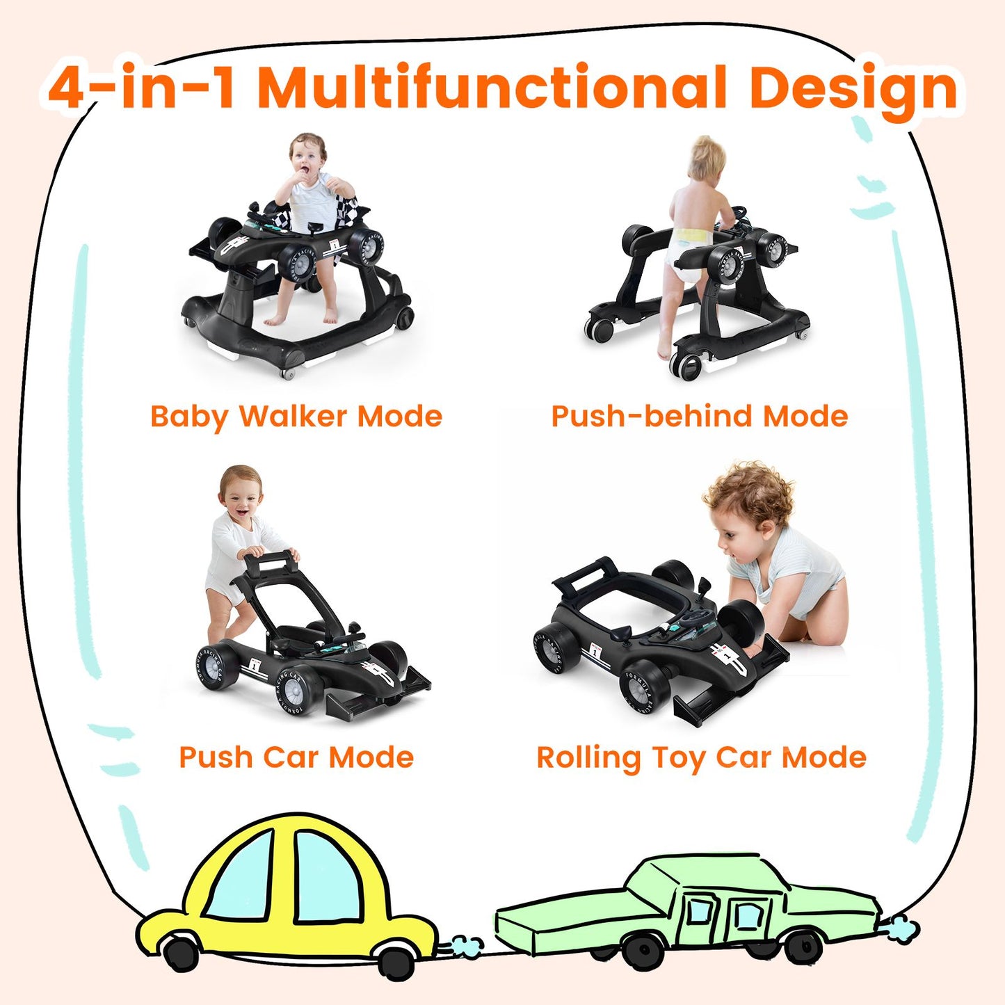 Versatile 4-In-1 Baby Push Walker - Adjustable Height & Speed for Growing Toddlers