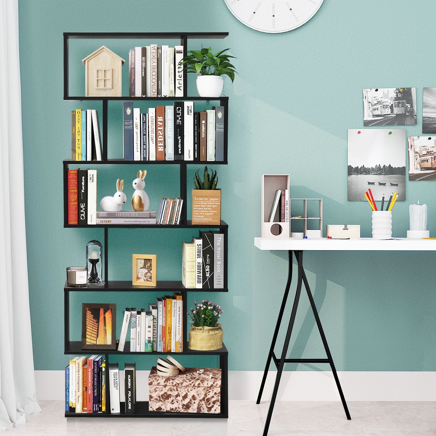Stylish 6-Tier S-Shaped Wooden Industrial Bookshelf - Perfect for Home or Office Decor
