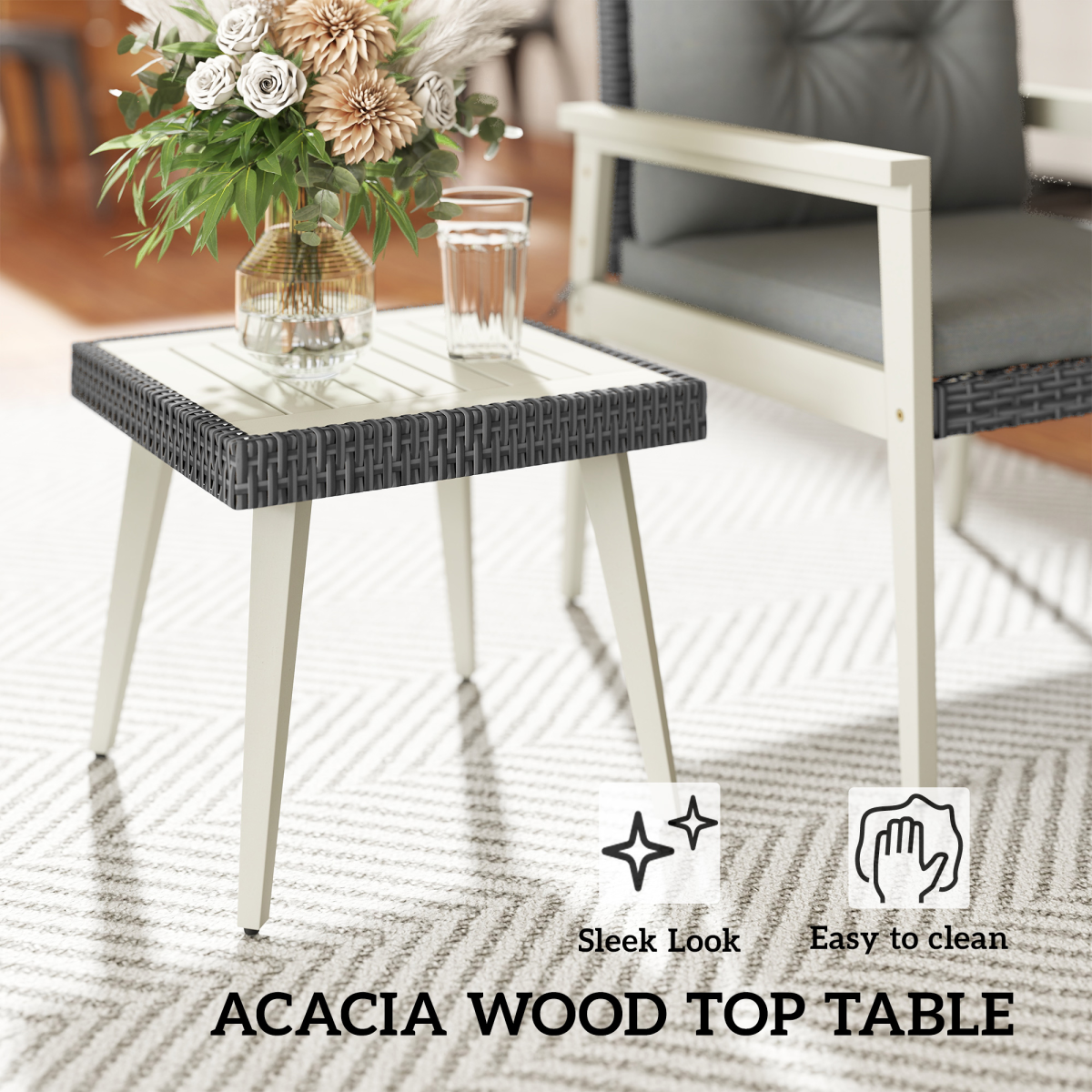 5-Piece Rattan Patio Set with Stylish Acacia Wood Coffee Table