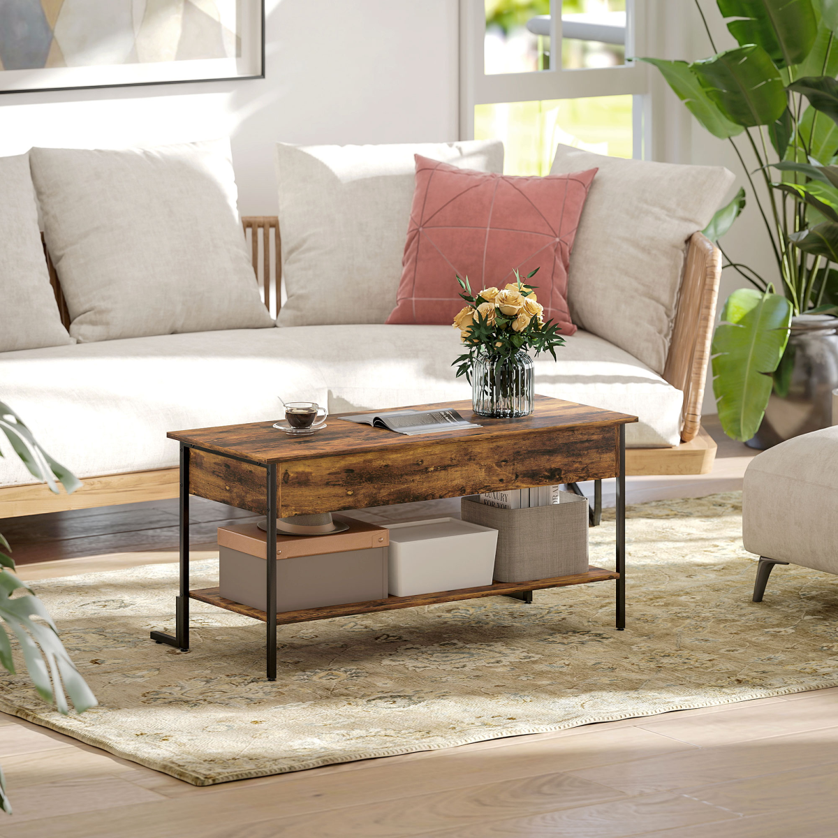 Versatile Rustic Lift Top Coffee Table with Ample Storage & Adjustable Feet