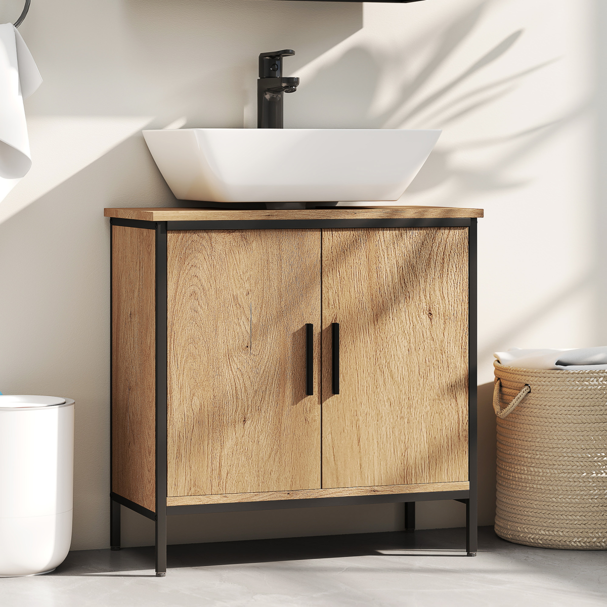 Chic Oak Under Sink Cabinet with Adjustable Shelf & Dual Doors