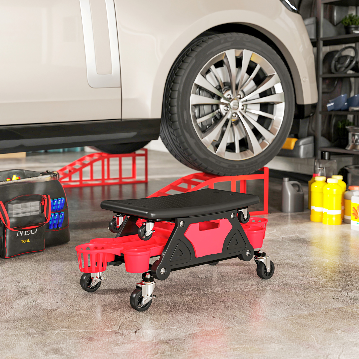 Heavy-Duty Rolling Mechanic Stool with Storage - 135kg, Red