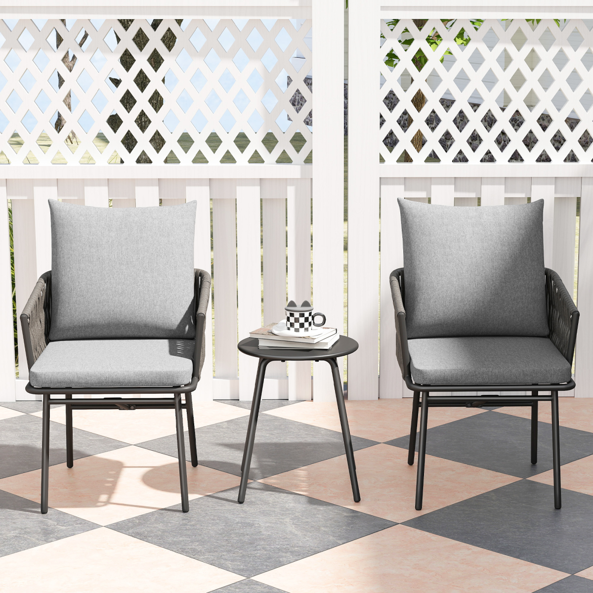 5-Piece Rattan Bistro Set - Stylish Outdoor Table & Cushions in Grey