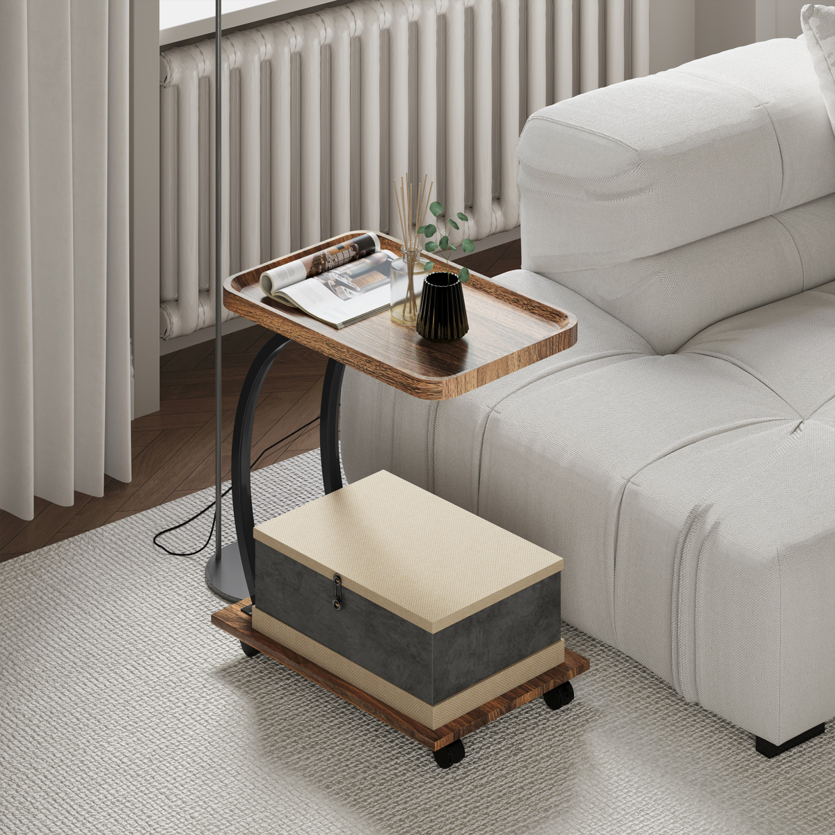 Versatile C-Shaped Side Table with Storage & Wheels for Any Room