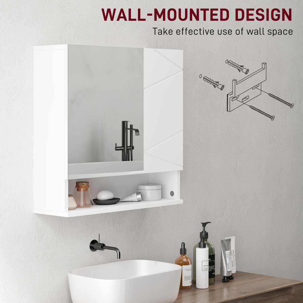 Kleankin White Wall-Mounted Bathroom Storage Cabinet with Mirror & Adjustable Shelves