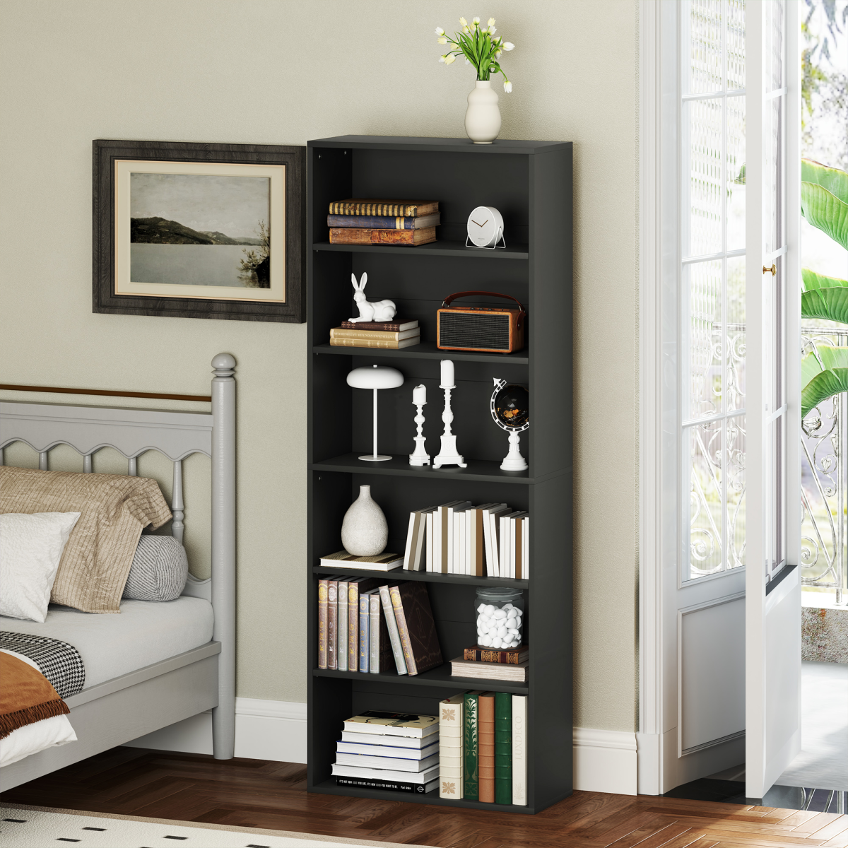 Modern 6-Tier Adjustable Bookshelf - Stylish Freestanding Bookcase, Black