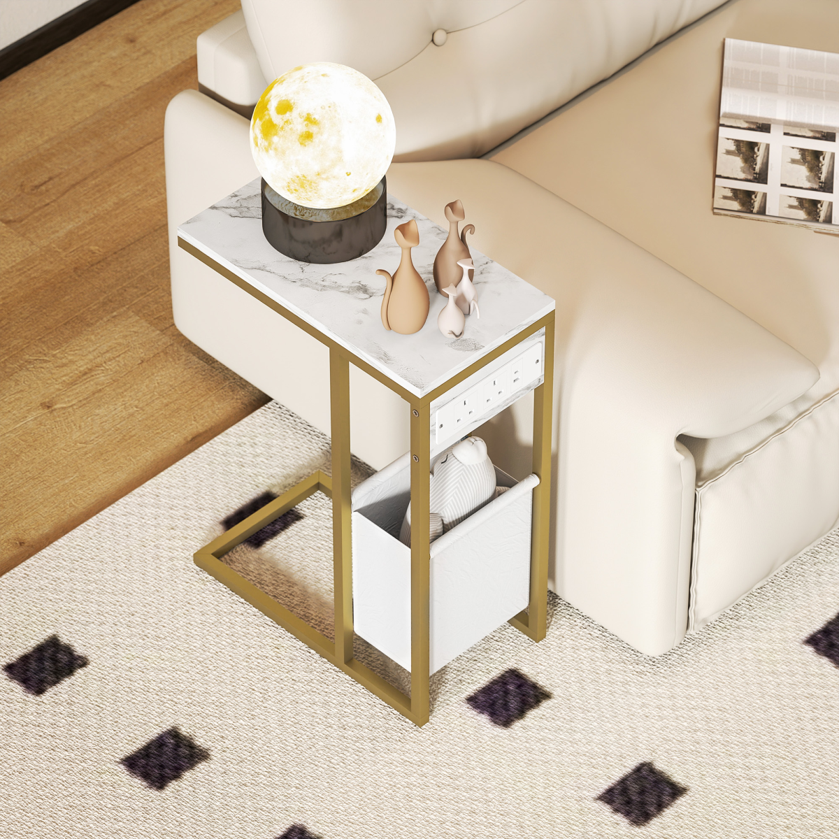 Modern C-Shaped Faux Marble Side Table with Charging Station & Chic Storage