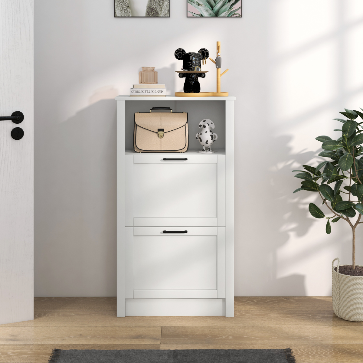 Slim White Shoe Cabinet - 2 Flip Drawers & Adjustable Shelves