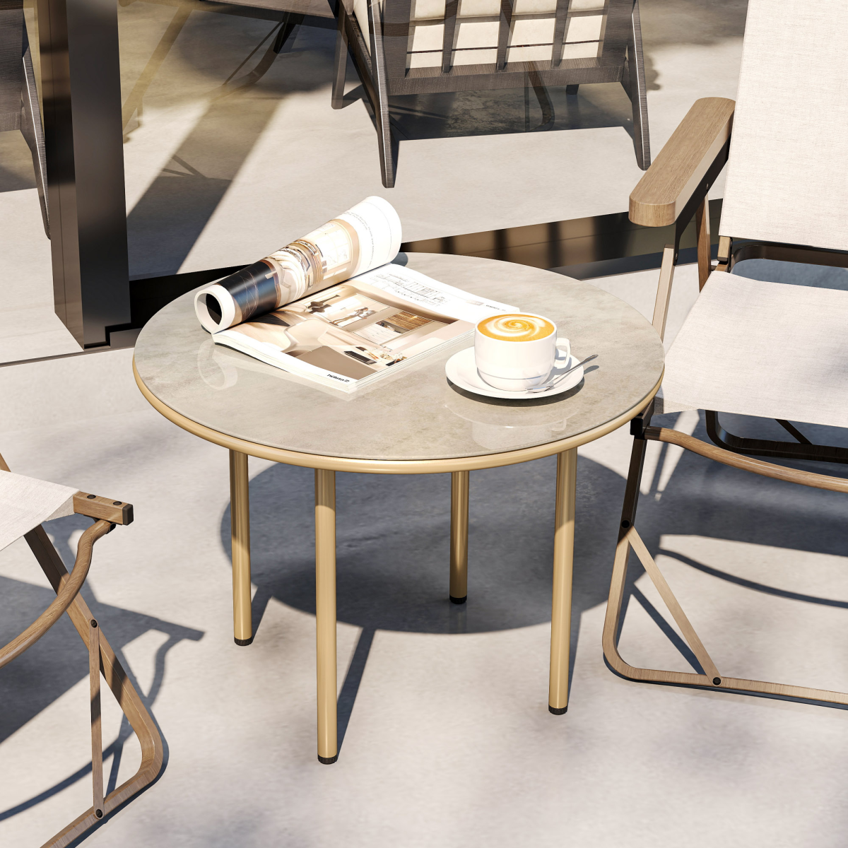 Chic Round Table with Elegant Faux Marble Glass Top - Beige