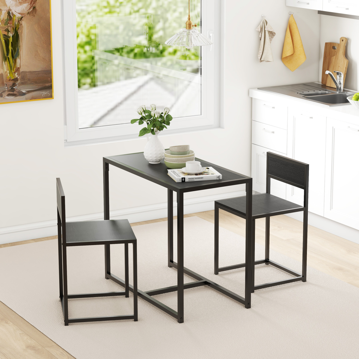 3-Piece Stylish Black Dining Set with Durable Metal Frame