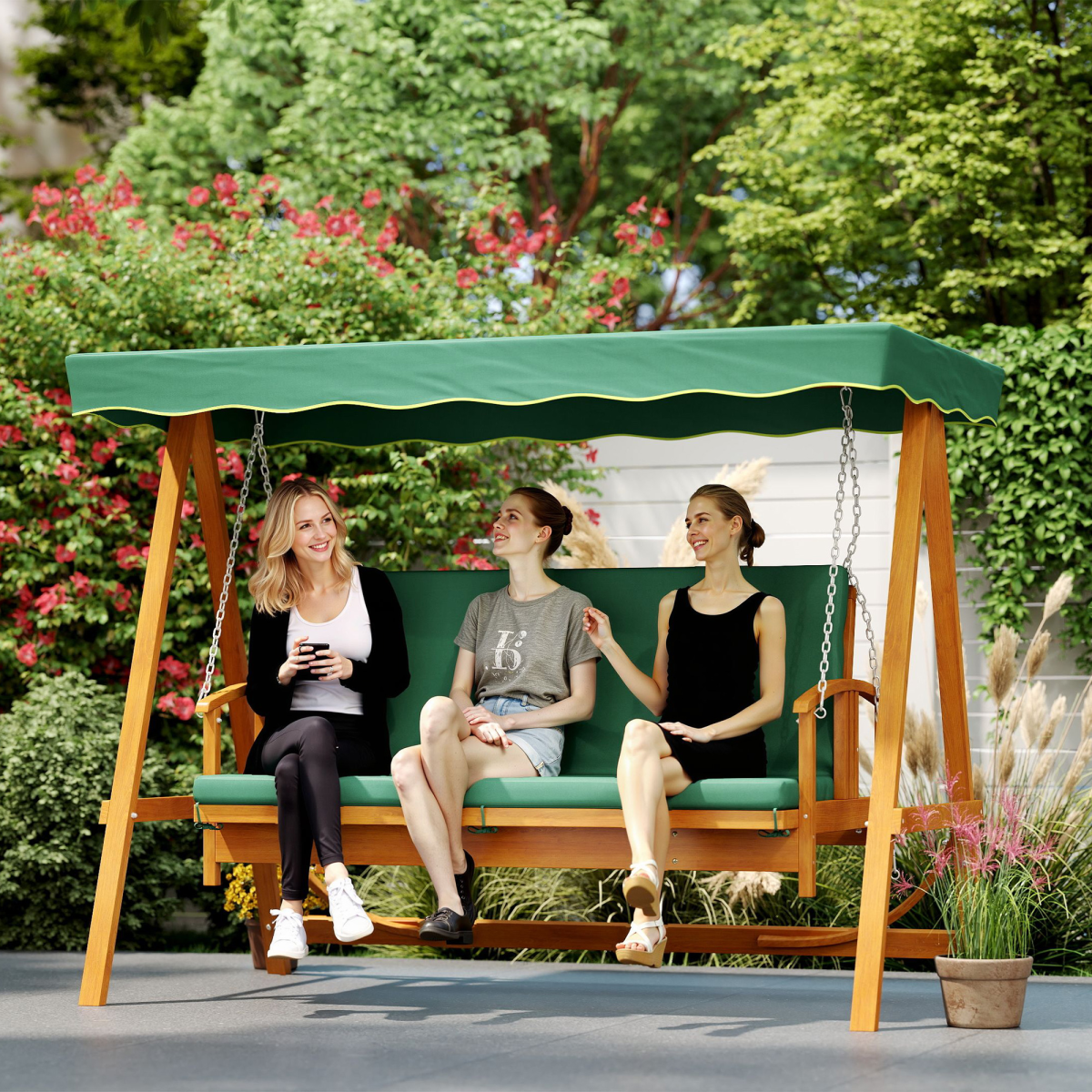 3-Seater Wooden Garden Swing Chair with Cushions & Canopy