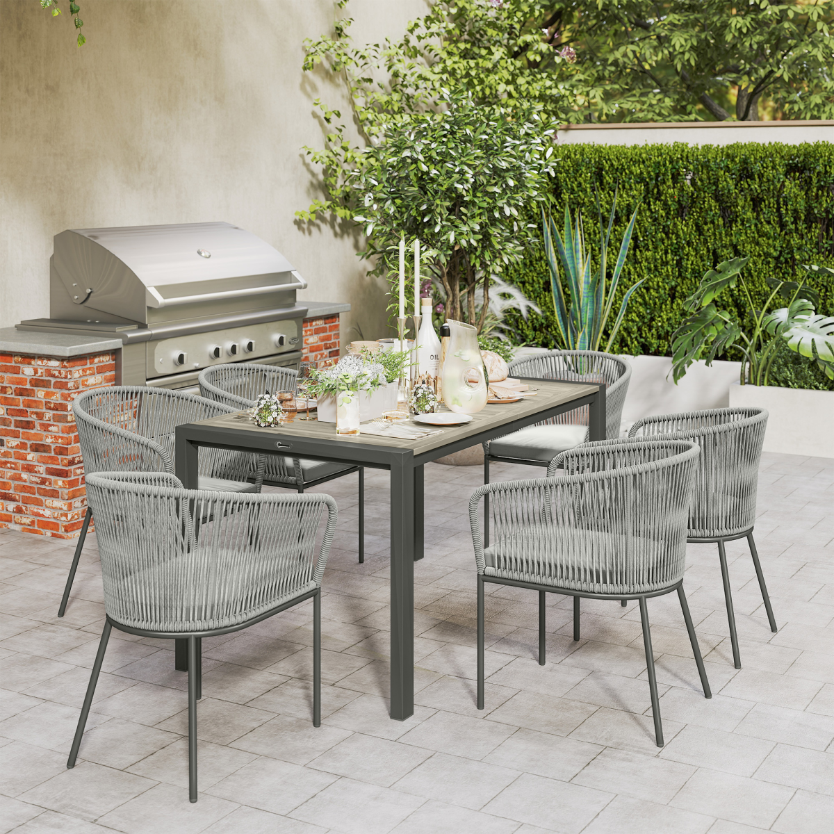 6-Seater Rattan Dining Set with Stylish Acacia Wood Table & Cushions