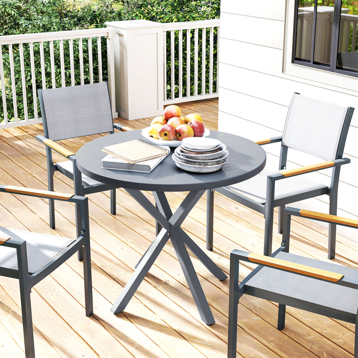 Round Garden Dining Table - Stylish Steel Frame & Wood-Effect Top