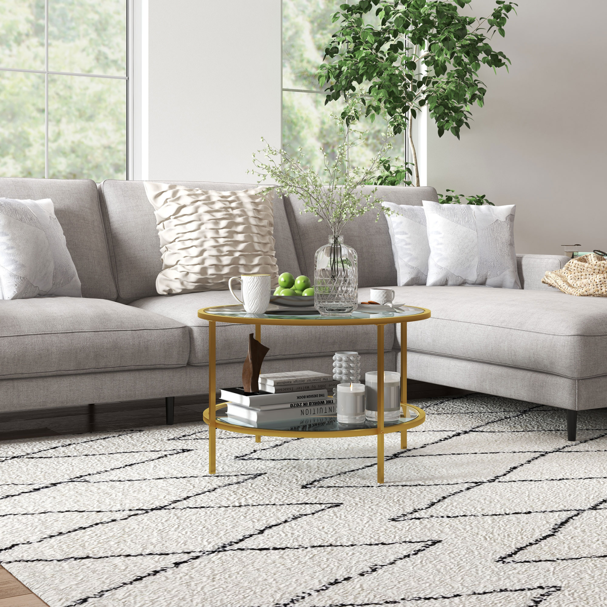 Elegant Gold Round Coffee Table with Storage Shelf & Sleek Glass Top
