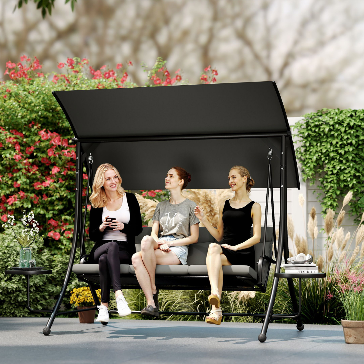 3-Seater Patio Swing Chair with Adjustable Canopy & Glass Tables