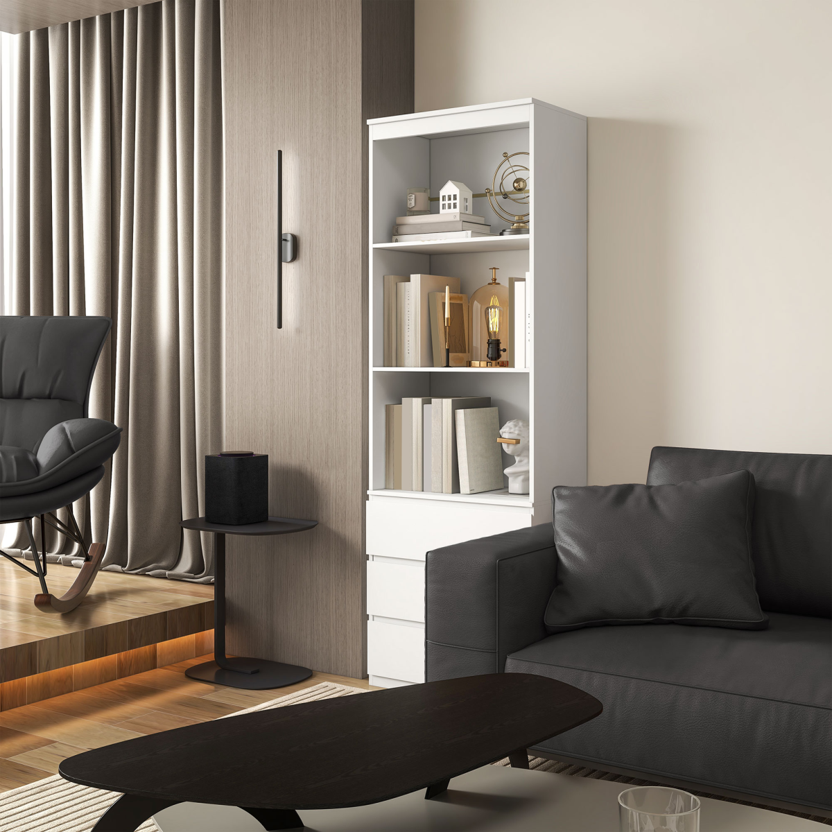 180cm Tall White Bookshelf with Hidden Drawer Storage - Space-Saving Style