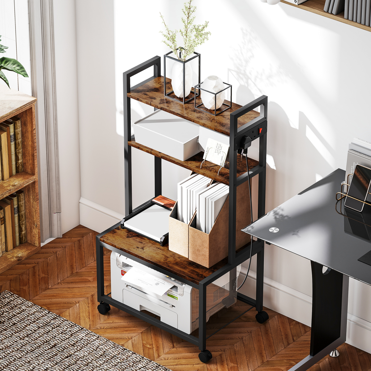 4-Tier Mobile Printer Stand with Outlets & Casters for Home Office
