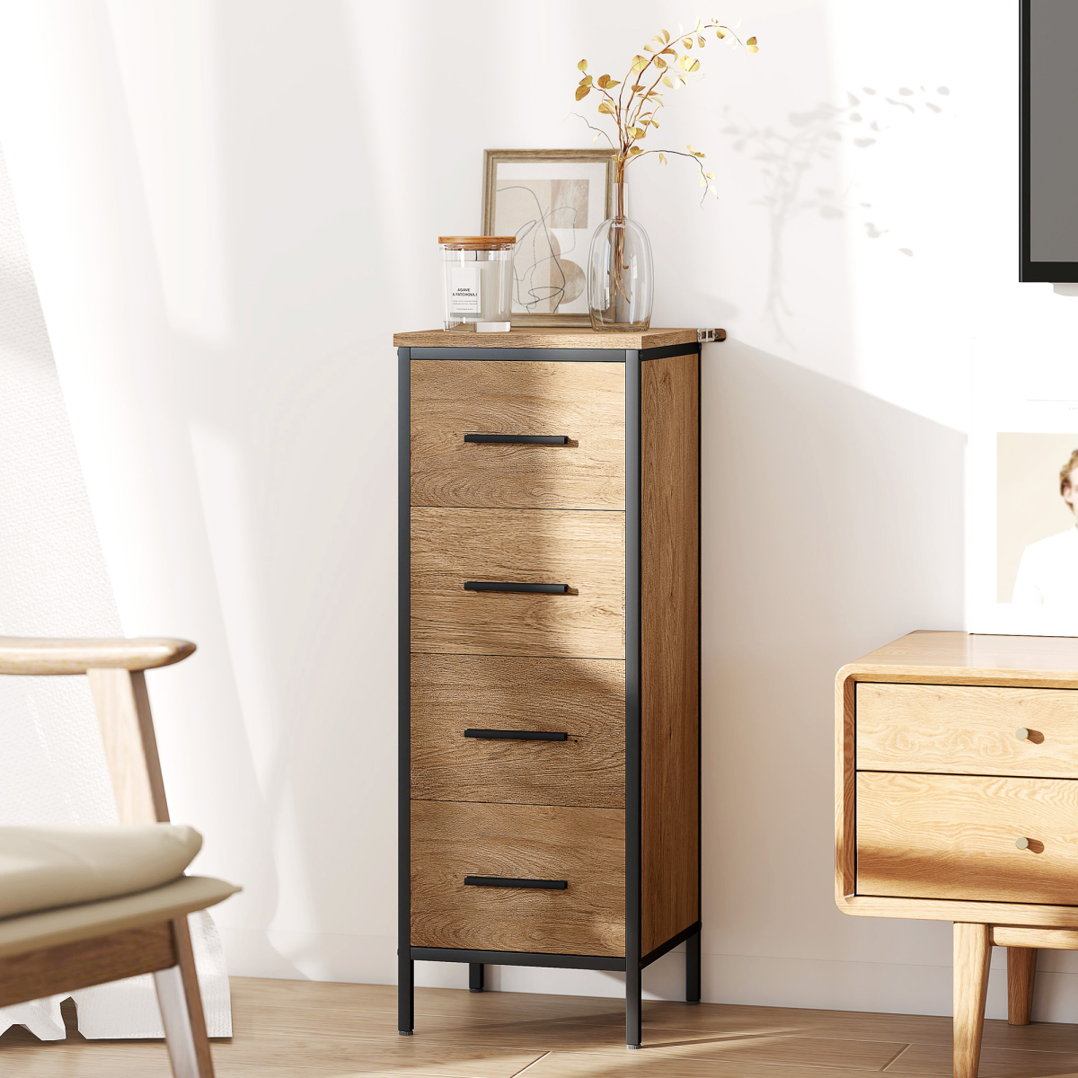 Slim Oak Bathroom Storage Cabinet with 4 Drawers – Space-Saving Solution!