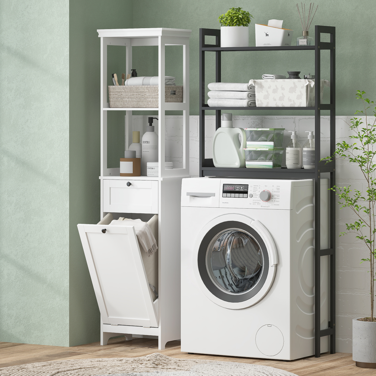 Slim Bathroom Storage: Stylish Unit with Tilt-Out Laundry Drawer