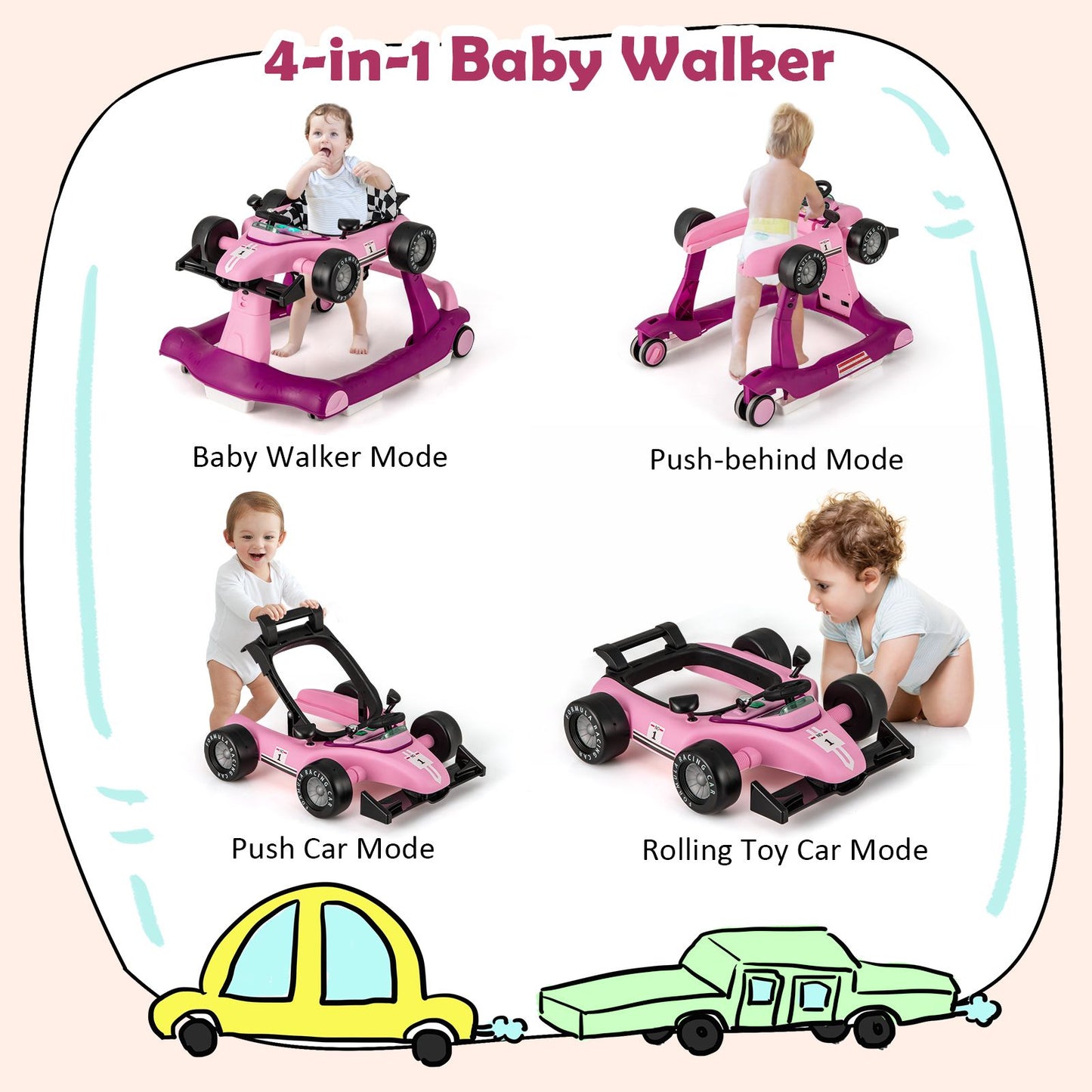 Versatile 4-In-1 Baby Push Walker - Adjustable Height & Speed for Growing Toddlers